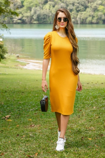 VESTIDO MANGA FRANZIDA JUSTO CANELADO FORRADO COD. 1983